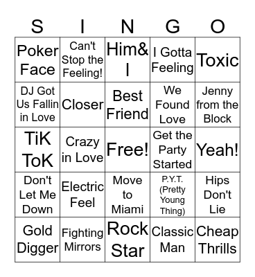Party Anthems Bingo Card