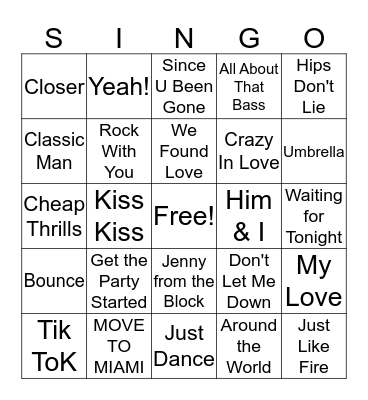 Party Anthems Bingo Card