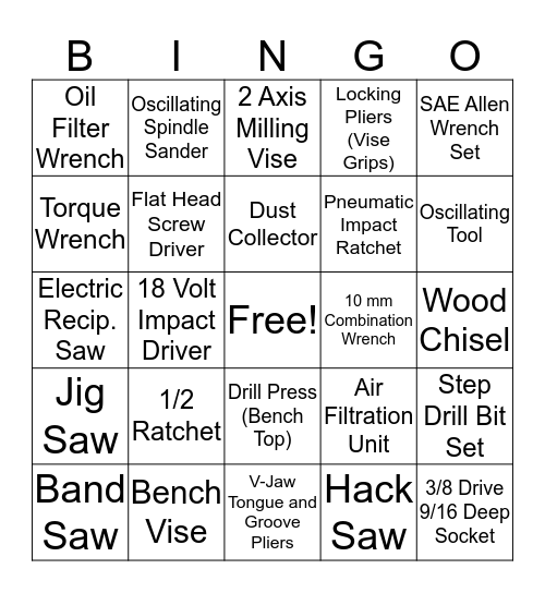 "Man Night" - Tool Bingo (Scavenger Hunt) Bingo Card