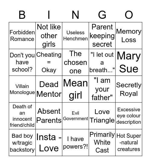 Book Tropes Bingo Card