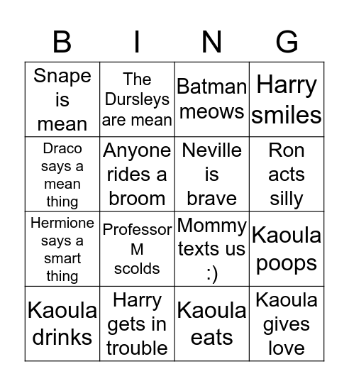 Kaoula and Steve's Harry Potter Bingo Card