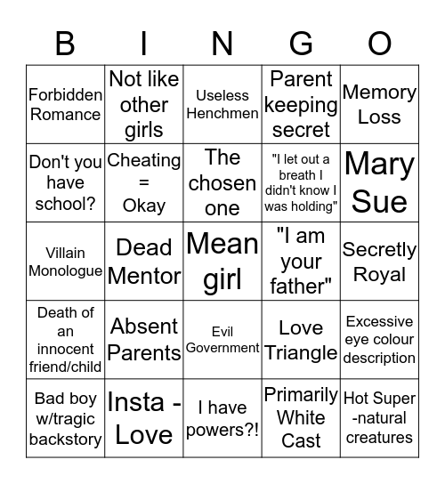 Book Tropes Bingo Card