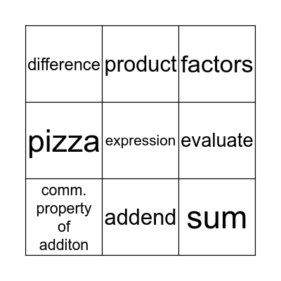 Math Vocabulary 1 Bingo Card