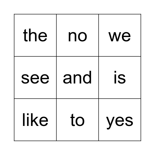 High Frequency Words Bingo Card