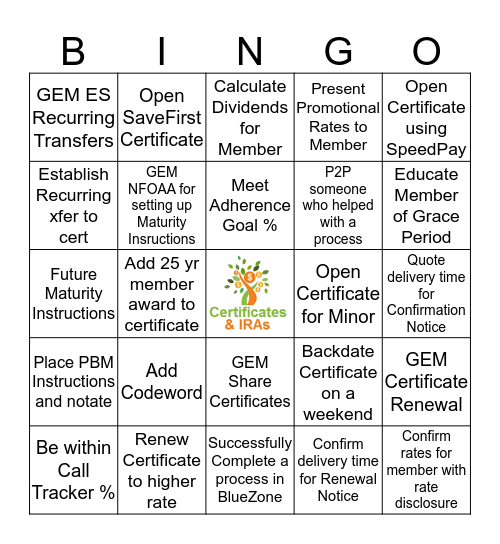 CERTIFICATES BINGO!!! Bingo Card