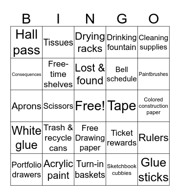 Art Room Bingo Card