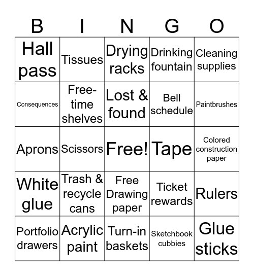 Art Room Bingo Card