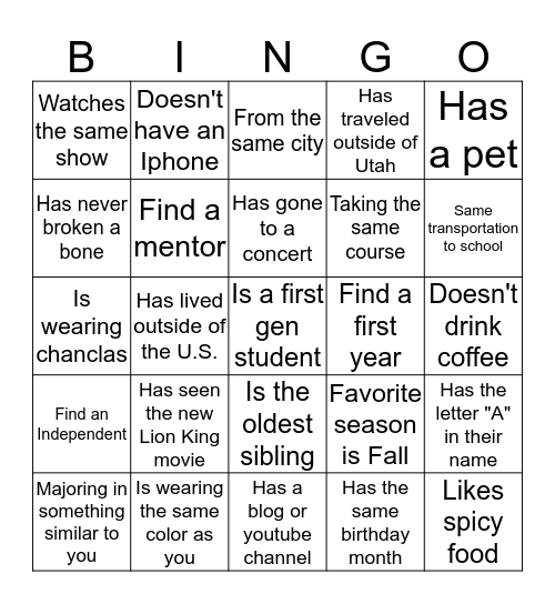 Get to Know You Bingo Card