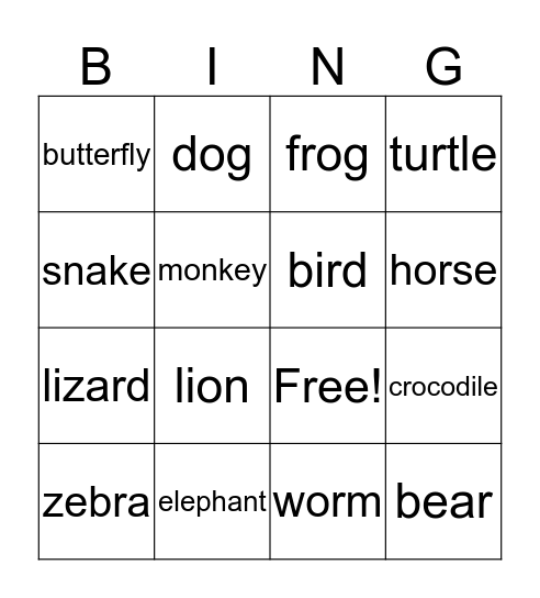 Animals Bingo Card