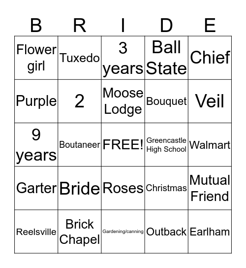 Sara Morris Frame's Bridal Shower Bingo Card