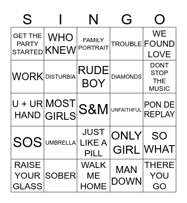 410 PINK VS RHIANNA Bingo Card