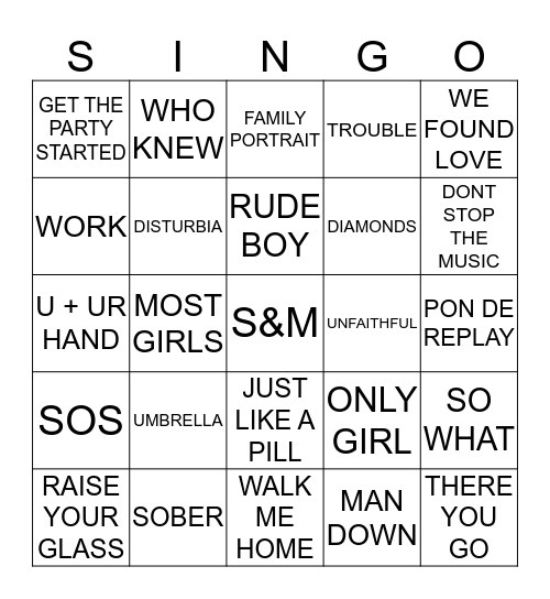 410 PINK VS RHIANNA Bingo Card