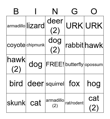 ROAD KILL BINGO Card