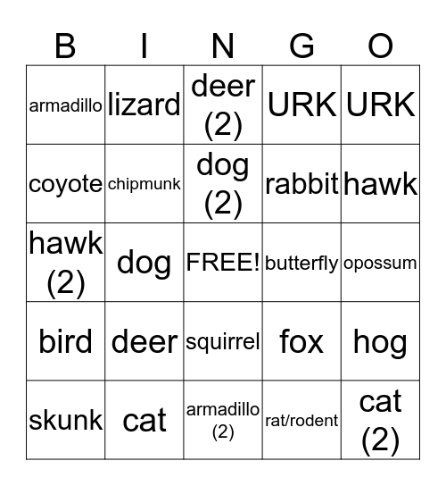 ROAD KILL BINGO Card