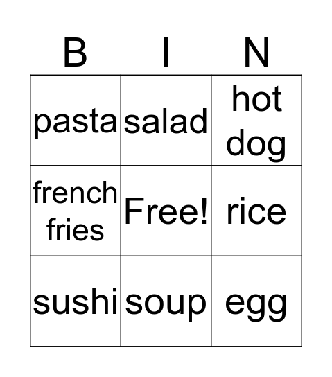 food Bingo Card