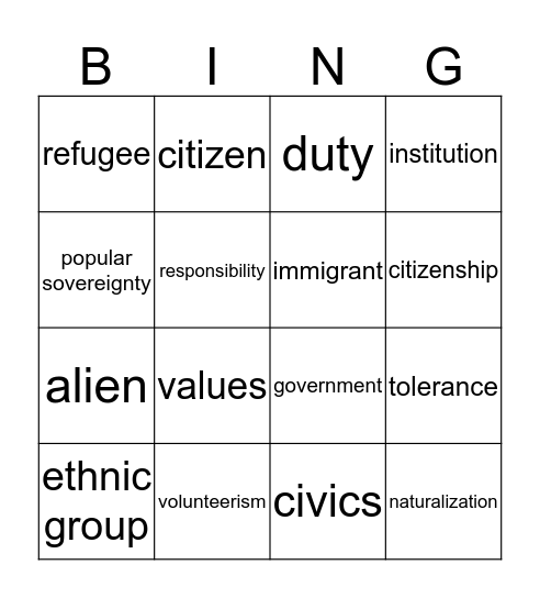 Civics Vocabulary Test Bingo Card