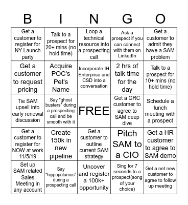 SAM Prospecting Day Bingo Card