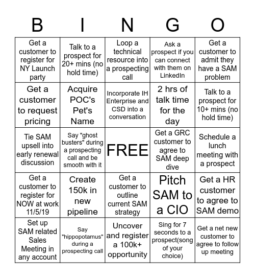 SAM Prospecting Day Bingo Card