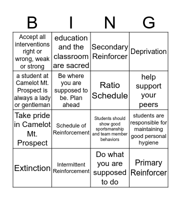 Reinforcement Bingo Card