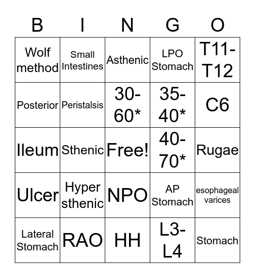 Digestive System  Bingo Card