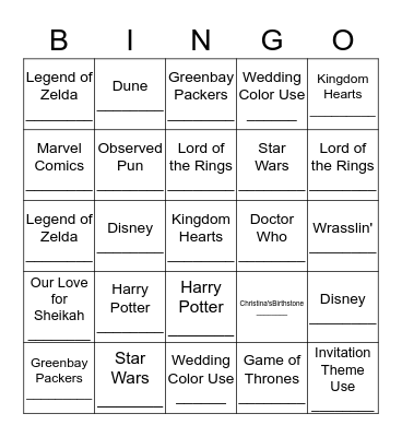 Wedding Reference Bingo Card