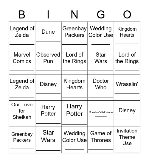 Wedding Reference Bingo Card