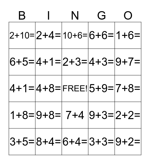 Addition Bingo!  Bingo Card