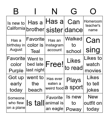 First day of school Bingo  Bingo Card