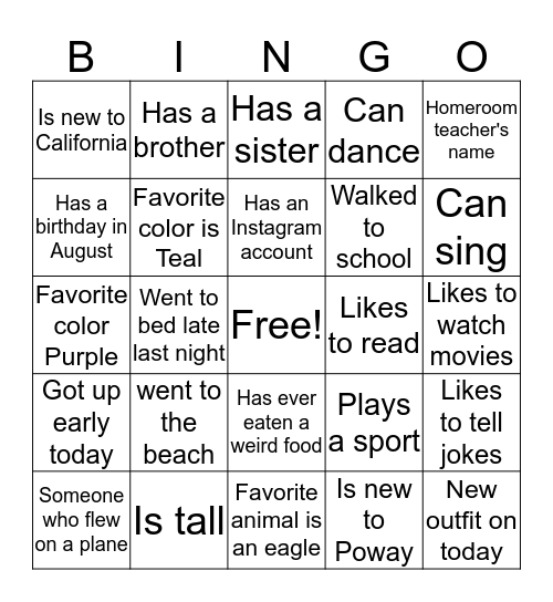 First day of school Bingo  Bingo Card
