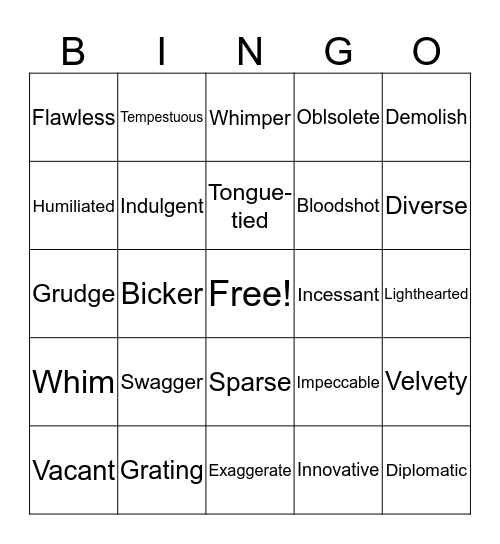 Vocabulary Bingo Card