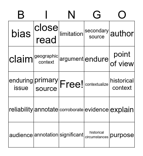 Week 1 Vocabulary Bingo Card