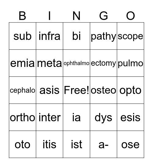 Word Parts Bingo Card