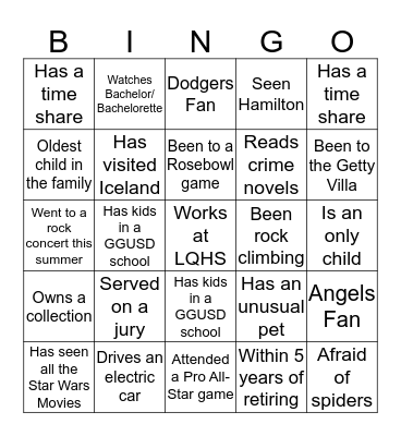 La Quinta Welcome Back Bingo Card