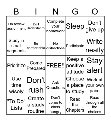 Study Skills Bingo Card