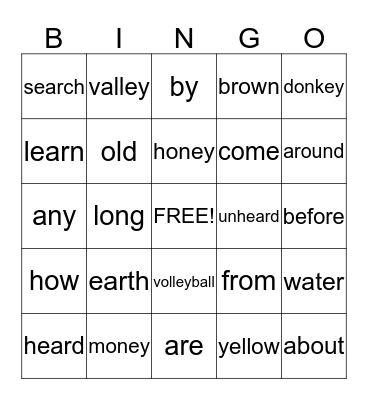 Spelling and Sight Words Bingo Card