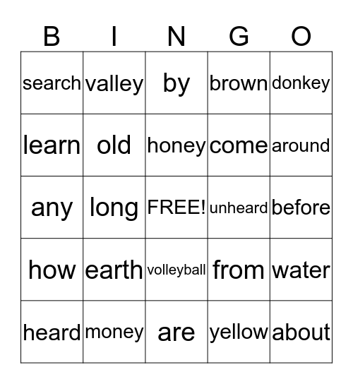 Spelling and Sight Words Bingo Card