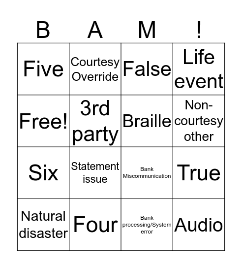 Statement and Fees  Bingo Card