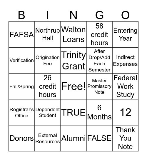 Financial Aid Bingo Card