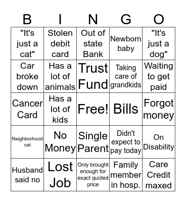 Veterinary Excuses Not To Pay Bingo Card