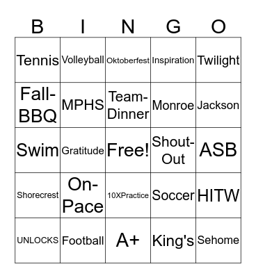 MPHS Cross Country 2019 Bingo Card