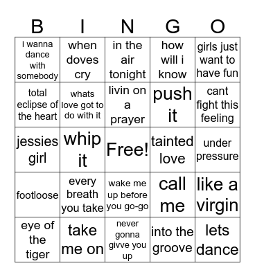 8-0's music bingo Card