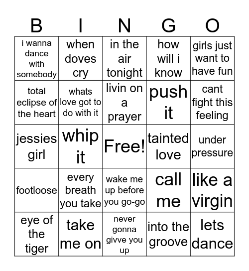 8-0's music bingo Card