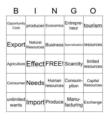 Economic Vocabulary Bingo Card