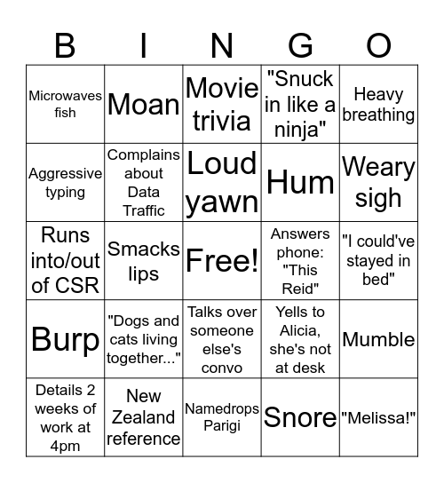 Reid Bingo Card