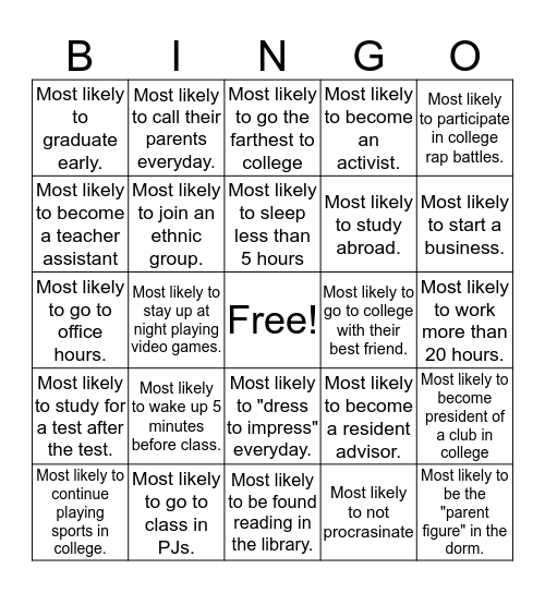 Most Likely in College  Bingo Card