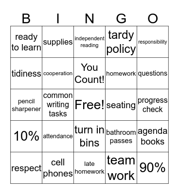 English Bingo Card