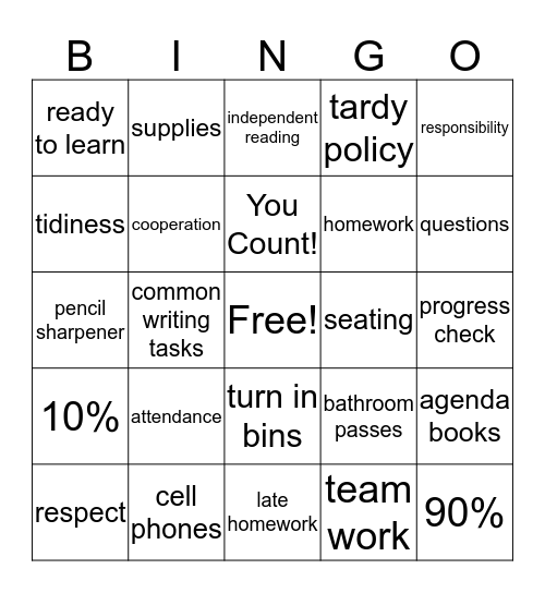 English Bingo Card