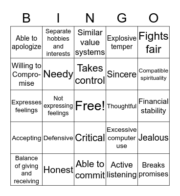 Healthy Relationships Bingo Card