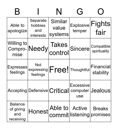 Healthy Relationships Bingo Card