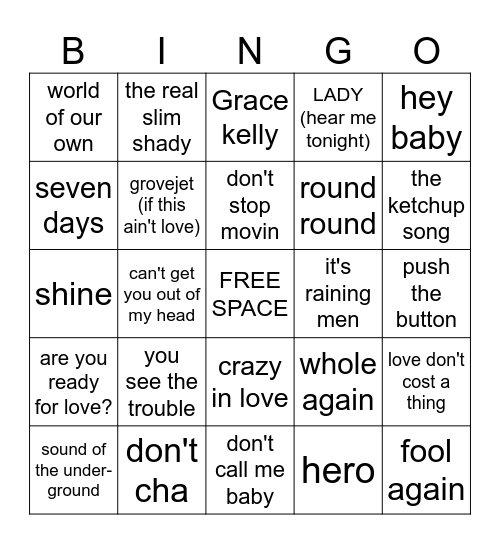music bingo 00'S NO1S! Bingo Card